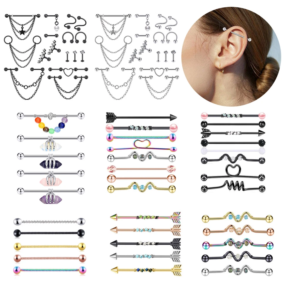 5-16pcs 14G Industrial Barbell Earring Piercing Surgical Steel Cartilage Jewelry - Image 1 of 4