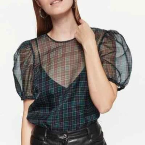 Cami NYC NWT Bethany Sheer Bodysuit in Green Blue Scotch Plaid Size Large - Picture 1 of 7
