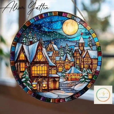 Snowy Village 彩色玻璃集光器,舒适的圣诞窗装饰 — 第 1/3 张图片
