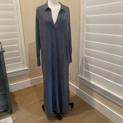 Ann Mashburn 100% Wool Sweater Maxi Dress Gray Long Sleeve Knit V-neck Large - Image 1 of 4