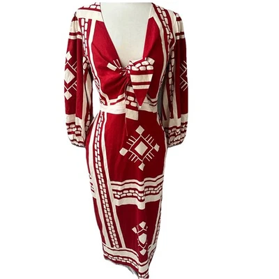 NWT Caroline Constas Linen Blend Ankle Dress Sz Small Tie Front Red Geometric - Image 1 of 4