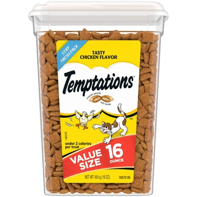 TEMPTATIONS Clásico Crujiente y Suave Gato Golosinas Sabroso Sabor Pollo, 16 OZ Bañera Foto 1 de 4