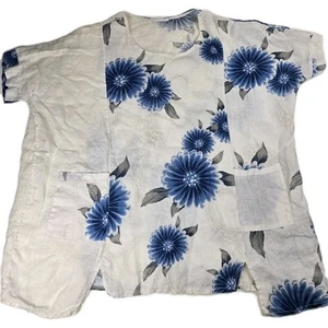 Top túnica vintage vintage talla XXL azul blanco floral hecho en Italia bolsillos pulóver - Imagen 1 de 7