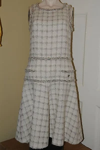 NEW CHANEL Gold Chain Lurex Black Ecru Cream Beige Tweed SUIT DRESS 36 34 - Picture 1 of 14