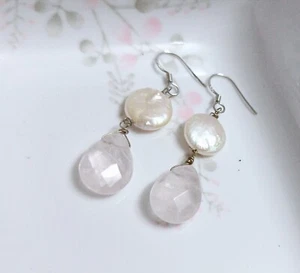 Natural Coin Pearl With Rose Quartz Gemstone Dangle 925 Sterling Silver Earrings - Picture 1 of 3