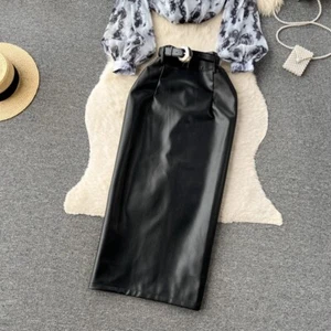 Elegantes Damen 2x Chiffon Shirt Rock Set Hohe Taille PU Lederrock Blumenmuster - Bild 1 von 24