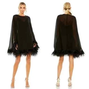 Mac Duggal Black Long Sleeve Feather Trim Trapeze Minidress Size 4 $598 - Picture 1 of 2