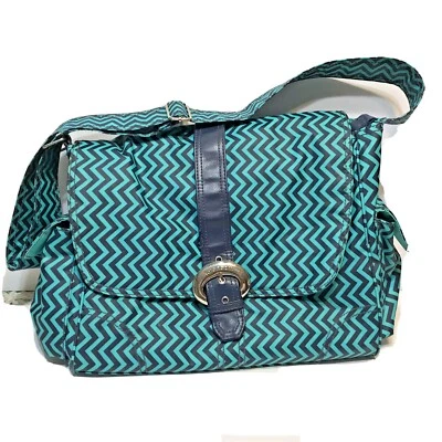 Kalencom Coated Diaper Bag Blue Teal Multi Pocket With Bottle Bag Chevron - Image 1 of 4