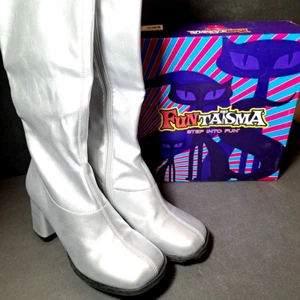 Funtasma by Pleaser Gogo300 Silver Stretch Knee High Full Zip Gogo Boots SIZE 8 - Picture 1 of 13