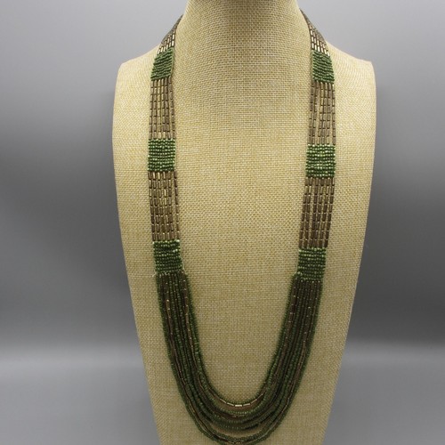 VETEMENTS Collana Tono Verde & Bronzo Vetro Sementi Perline Tubulari Magnetiche Stratificate 30"