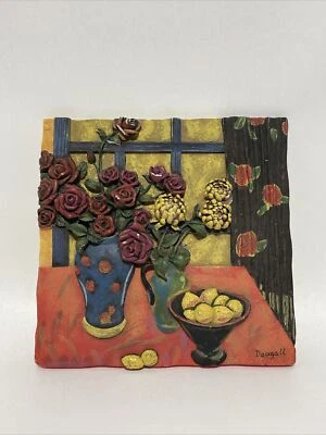 Vintage Ceramic Hanging Picture, 3D Tile Of Fruit & Flowers, By Daugall - Image 1 of 4
