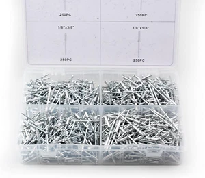 1000pc 1/8" Aluminum Blind Pop Rivet Assortment 4 Hand/Air Riveter Set Tool New - Picture 1 of 12