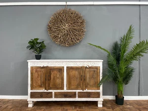 BATALA SOLID TIMBER SIDEBOARD BUFFET 4 DOORS/3DRAWER BROWN/WHITE DISTRESSED BOHO - Picture 1 of 2