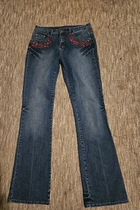 Ethyl Classic Blue Jeans Size 30x 33 Flare Leg Medium Wash - Red Embroidered - Picture 1 of 7