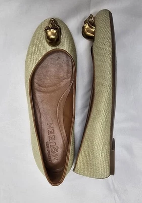 ALEXANDER MCQUEEN Woven Raffia Gold Skull Ballet Flats Shoe SPAIN 37.5 - 7.5 US - Image 1 of 4
