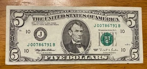 Series 1995 5 Dollar bill J00786791B - Picture 1 of 2