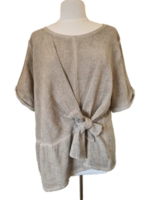 Italian Washed Linen Top Lagenlook Tunic Front Tie Mocha brown One Size UK 10-16 - Image 1 of 4