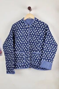 Blue Floral Quilted Cotton Jacket Handmade Cotton Jacket Women's Clothing US