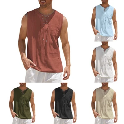Mens Lace Up Tops Short Sleeve T-shirt Vest Casual V Neck Lace Up Tops Tunic - Image 1 of 4