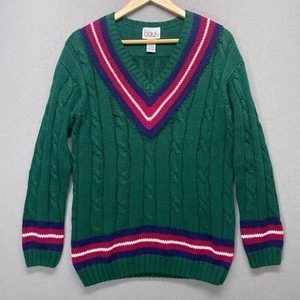 Vintage Sweater Womens Small Green Cableknit Deep Vneck Preppy Academia Oversize - Picture 1 of 10