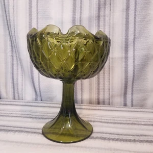 Vintage Indiana Glass Green Ruffled Pedestal Candy Dish Bowl - Picture 1 of 8