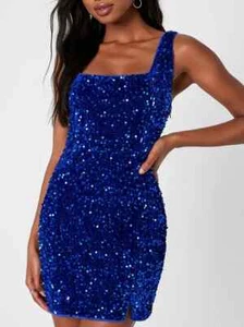 NEW dark blue Solid Sequin Evening Gown Stage Dress Prom Party large 8-10 - Picture 1 of 5