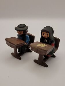 Vintage Cast Iron Amish School boy and girl Sitting At school Desk Mini Figure