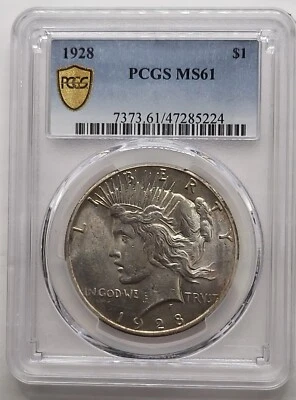 1928-P $1 Peace Dollar PCGS MS61 The Rarest Peace Dollar Date  360,649 minted - Image 1 of 4