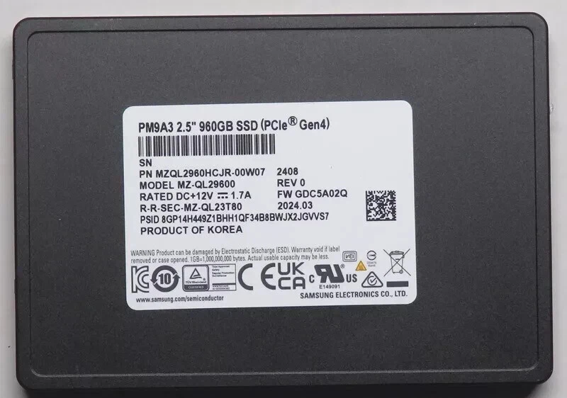 New Samsung PM9A3 960GB PCI-E Gen4 x4 NVMe 2.5'' U.2 SSD MZ-QL29600 4.0 - Image 1 of 2