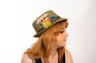 Rare Vintage Green Straw Christys Trilby Hat Made In Italy Flower Cart & Brush
