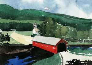 West Arlington Covered Bridge. Vermont classic landscape. Watercolor art prints - Picture 1 of 1