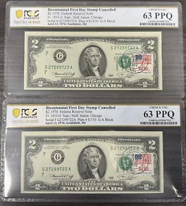 1976 $2 Two Dollar Bill - Stamped 4/13/1976 PCGS 63 PPQ FDOI 2 Consecutive SN V1 - Picture 1 of 1