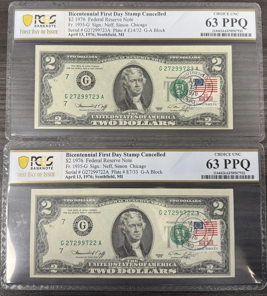 1976 $2 Two Dollar Bill - Stamped 4/13/1976 PCGS 63 PPQ FDOI 2 Consecutive SN V1 - Image 1 of 1