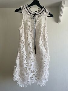 Kensie White Lace High Neckline Mini Dress with Black Bow Size XSmall