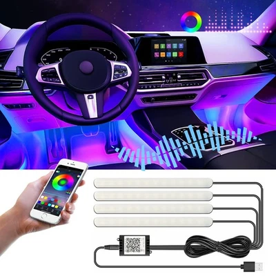 4x LED Neon Car Interior Footwell Light Strip Atmosphere USB RGB Remote Control, - Image 1 of 4