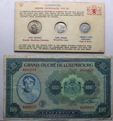 GRAND DUCHE DE LUXEMBOURG 100 FRANC BANK  NOTE 1944 + MODERN UNC TYPE SET 3 COIN - Image 1 of 4