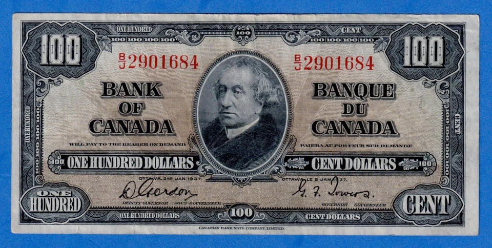 Canada $100 1937 BC-27b / P-64b Circulated  Note B/J 2901684  Sir John MacDonald - Image 1 of 4