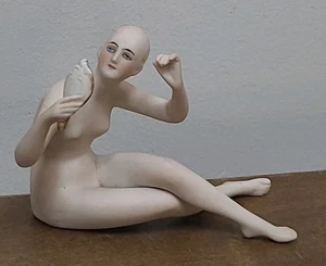 Antike Badende Schönheit Puppe mit Spiegel Akt Biskuitporzellan - Bild 1 von 15