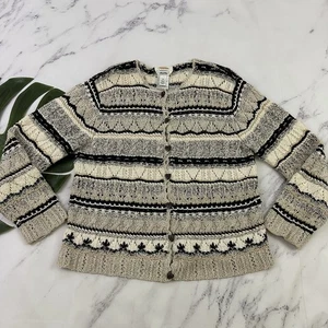 Talbots Vintage 90s Cardigan Sweater Sz M P Cream Black Silk Linen Heart Button - Picture 1 of 13
