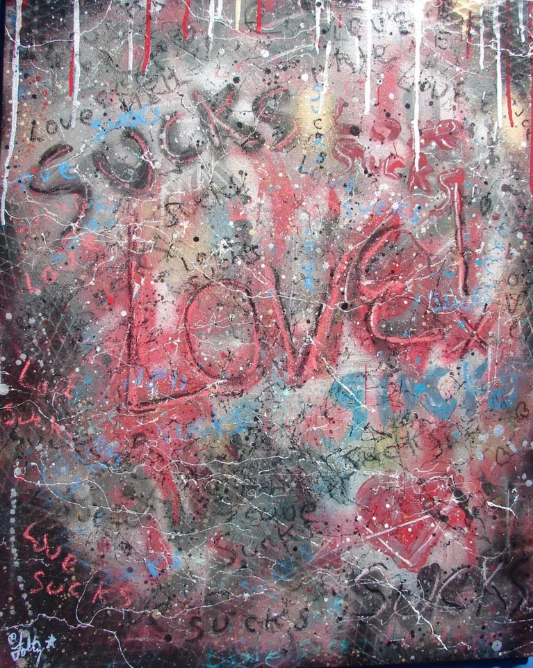 Modernist ABSTRACT Modern Painting GRAFFITI Expressionist ART LOVE SUCKS FOLTZ - Image 1 of 4