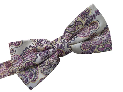 Bow Tie Mens Silk Dickie Bowtie Adjustable Purple Ivory Cream Paisley New - Image 1 of 4