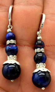 Natural 8-10-12mm Blue Tiger's Eye Round Gemstone Leverback Dangle Earrings - Picture 1 of 12