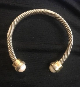 Twisted Cable Silver Tone Faux Pearl Ends Cuff Bracelet - Picture 1 of 4