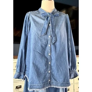 Nuevo con etiquetas Nuevo $120 Anthropologie Pilcro Cuello Atado Lazo Buttondown Denim Blusa Camisa XL - Imagen 1 de 12