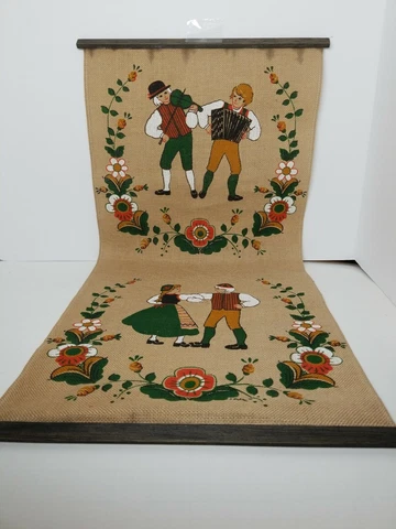 Vintage Wall Hanging Painting German Dancing on Burlap Mid Century Art 27x13" Cover