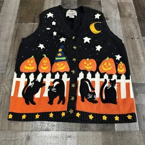 VTG Tiara International Halloween Sweater Vest Womens M Pumpkins Black Cats - Picture 1 of 10
