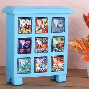 Handpainted Ceramic 9 Drawers Chest Blue coloured Wood Jewellery Spices Trinkets - Picture 1 of 8