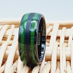 Anniversary Ring, Black Tungsten Ring with Exotic Green Wood Inlay Wedding Band - Picture 1 of 7