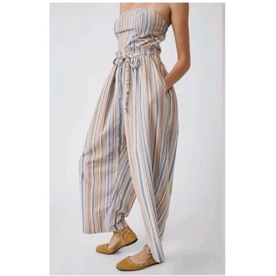 Mono Free People Roaming Shores a Rayas Sin Tirantes Pierna Ancha Algodón Talla S Playa Foto 1 de 4