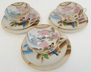 Japanese Porcelain Set of 3 Cups Saucers & Side Plates Geisha Girl A10 B453 - Picture 1 of 15